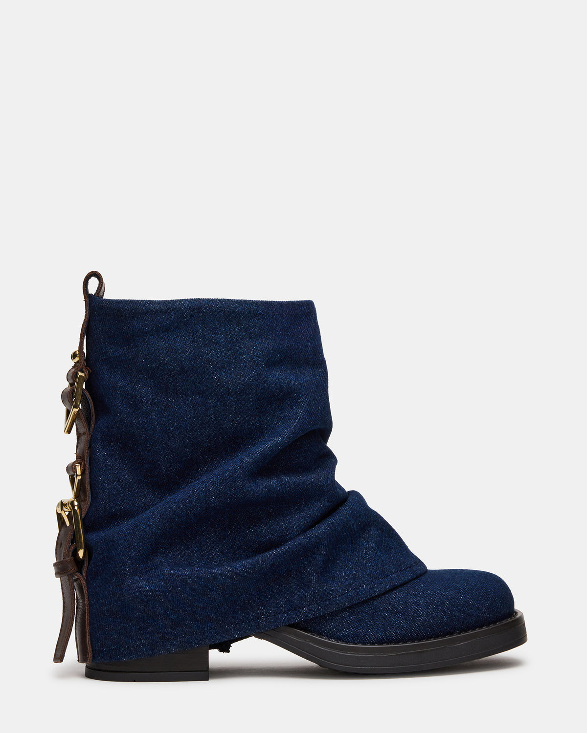 BENJI Denim Fabric Cuffed Fold-Over Moto Buckle Women's Ankle Boot - Steve Madden