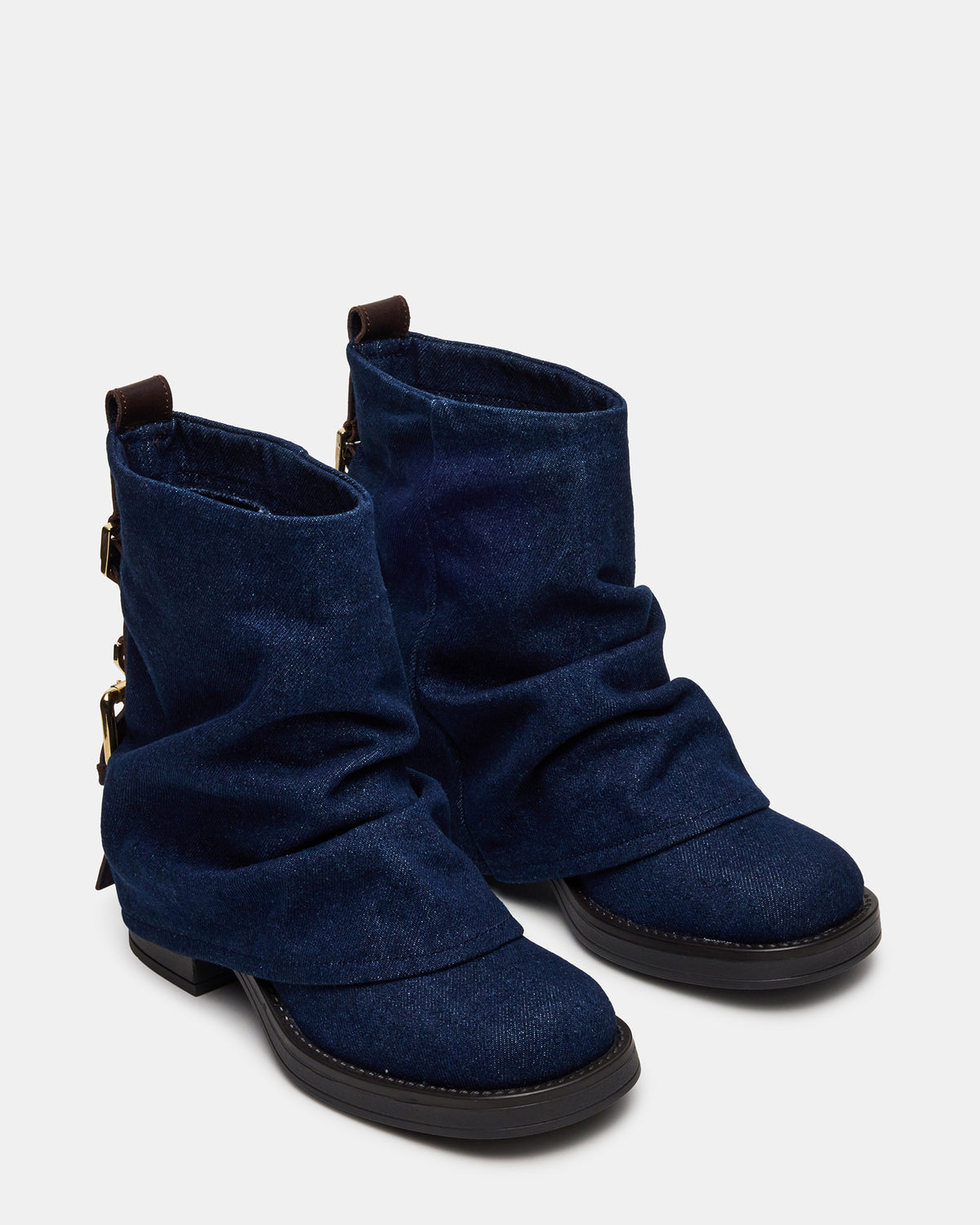 BENJI Denim Fabric Cuffed Fold-Over Moto Buckle Women's Ankle Boot - Steve Madden