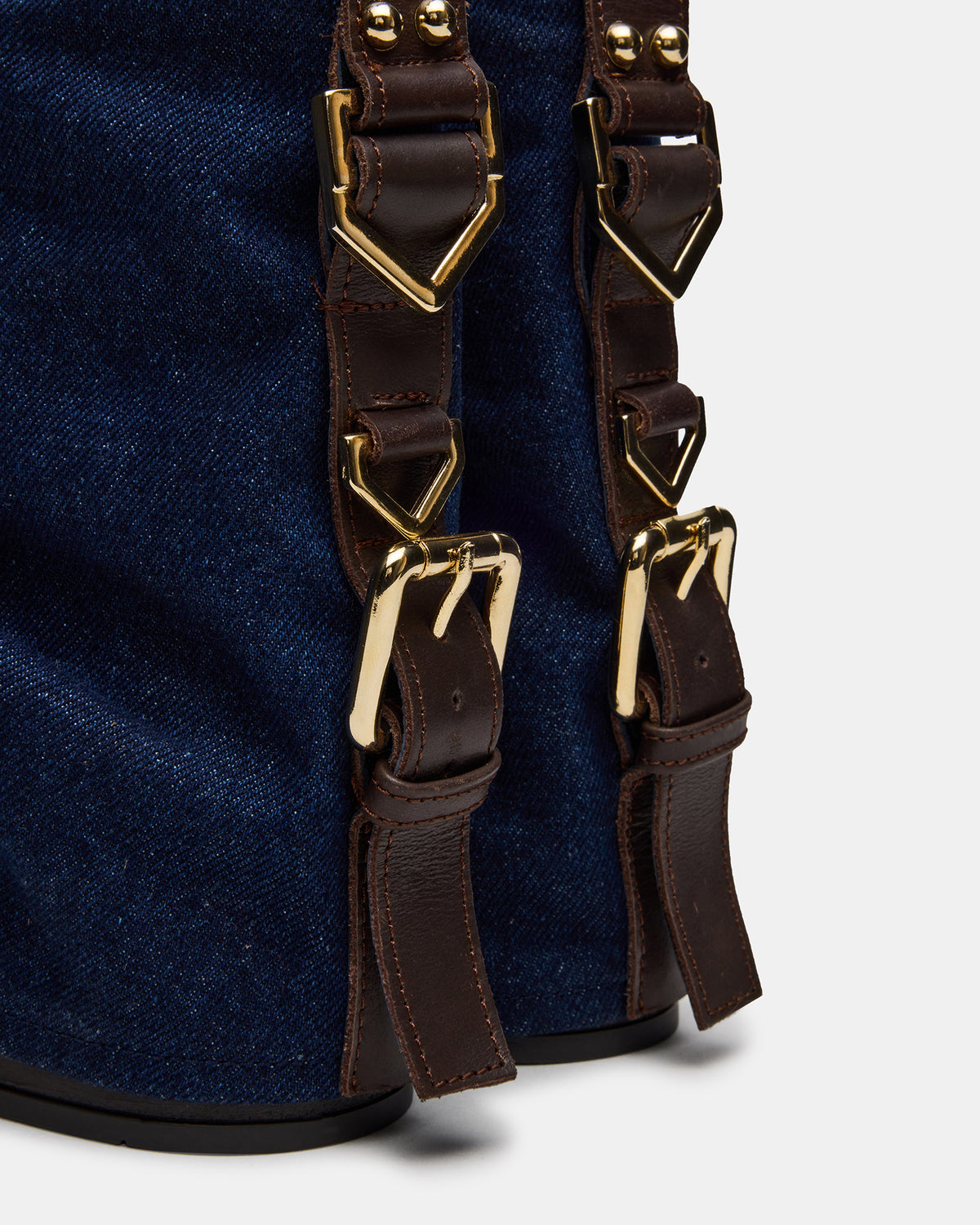BENJI Denim Fabric Cuffed Fold-Over Moto Buckle Women's Ankle Boot - Steve Madden