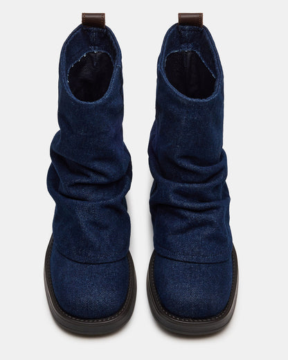 BENJI Denim Fabric Cuffed Fold-Over Moto Buckle Women's Ankle Boot - Steve Madden