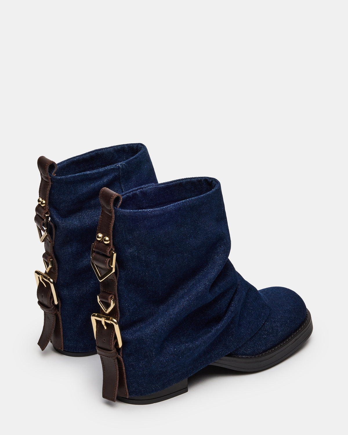 BENJI Denim Fabric Cuffed Fold-Over Moto Buckle Women's Ankle Boot - Steve Madden