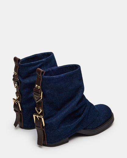 BENJI Denim Fabric Cuffed Fold-Over Moto Buckle Women's Ankle Boot - Steve Madden