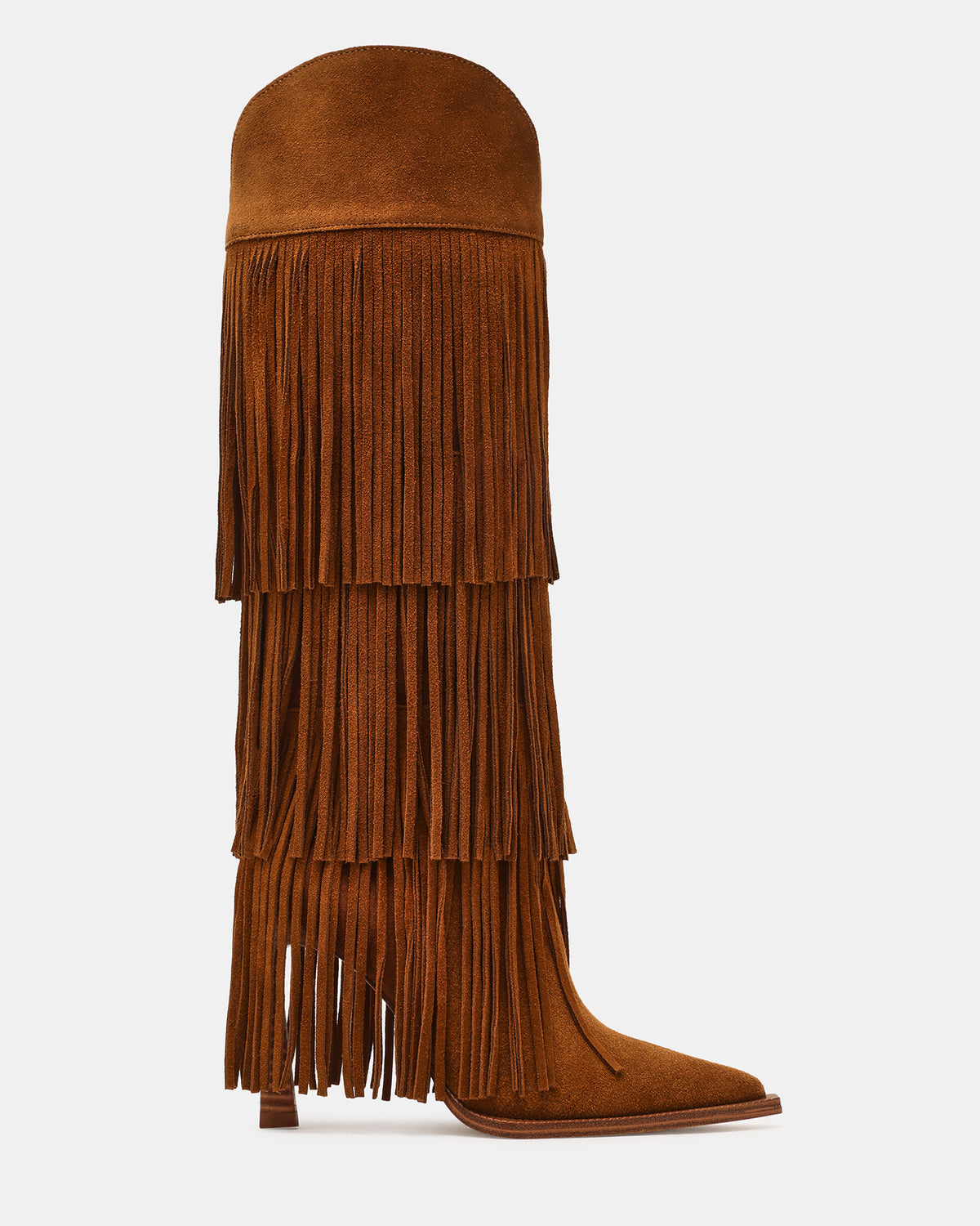KINZEE Fringe Chestnut Suede Pointed-Toe Knee-High Western Stiletto Women's Boot - Steve Madden