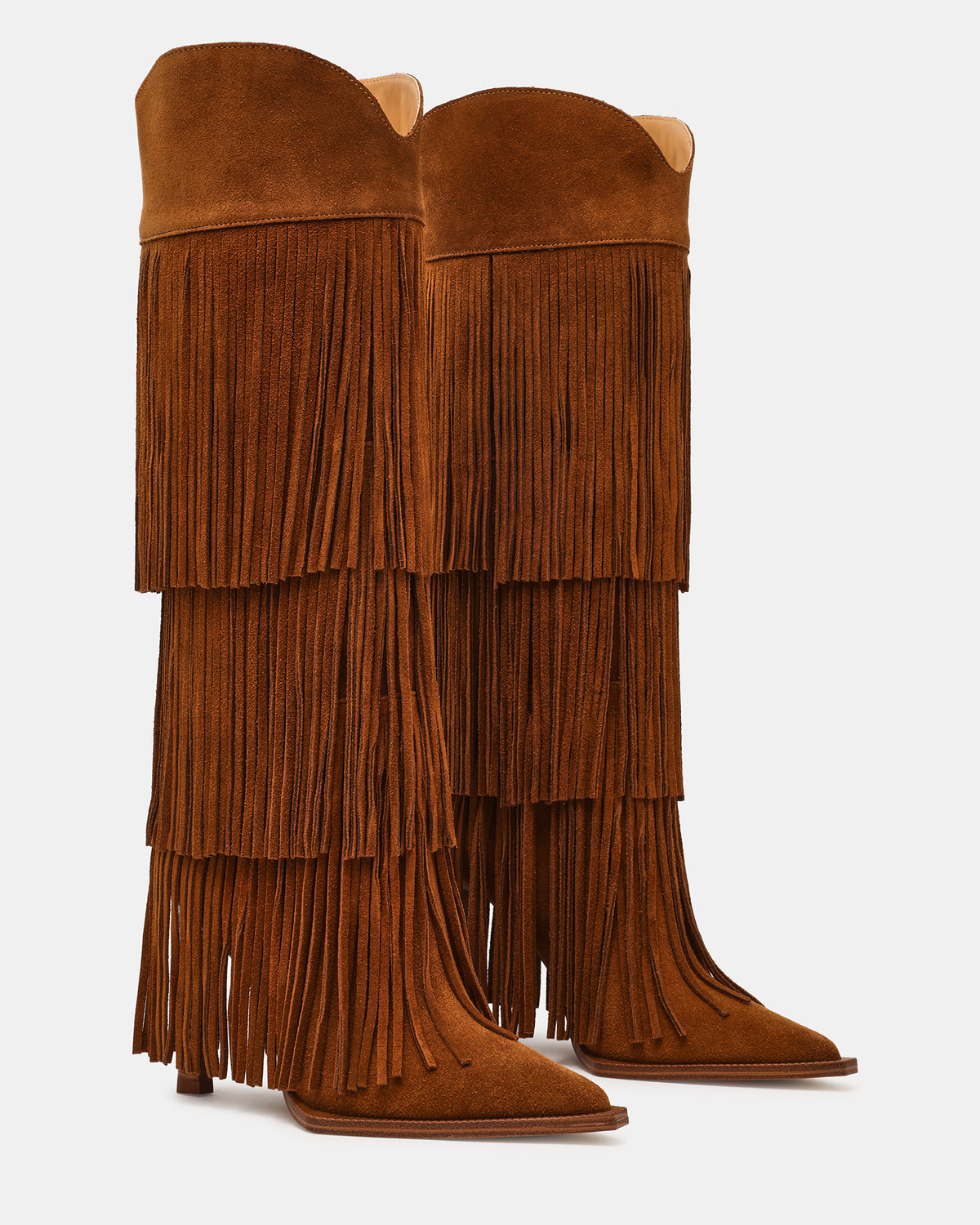 KINZEE Fringe Chestnut Suede Pointed-Toe Knee-High Western Stiletto Women's Boot - Steve Madden