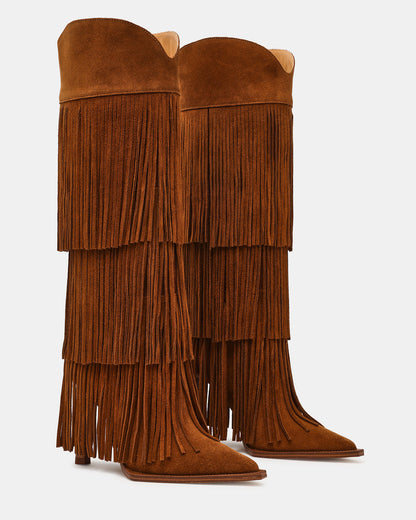 KINZEE Fringe Chestnut Suede Pointed-Toe Knee-High Western Stiletto Women's Boot - Steve Madden