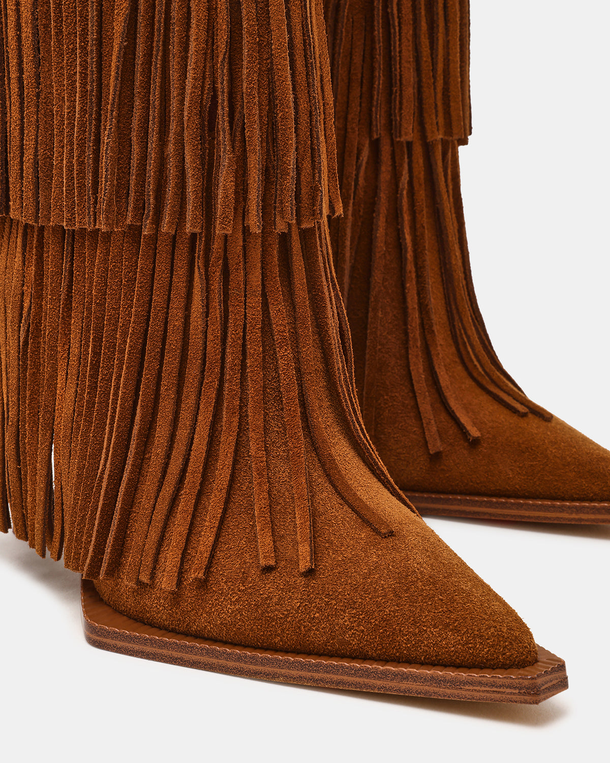 KINZEE Fringe Chestnut Suede Pointed-Toe Knee-High Western Stiletto Women's Boot - Steve Madden