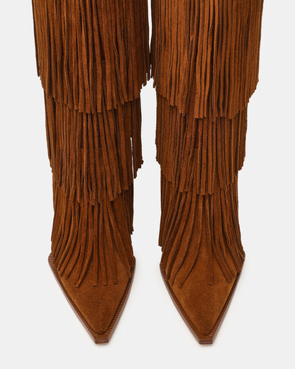 KINZEE Fringe Chestnut Suede Pointed-Toe Knee-High Western Stiletto Women's Boot - Steve Madden