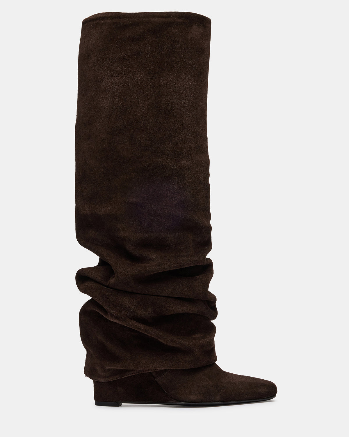 MONTANA Brown Suede Knee-High Square-Toe Wedge Fold-Over Women's Boot - Steve Madden