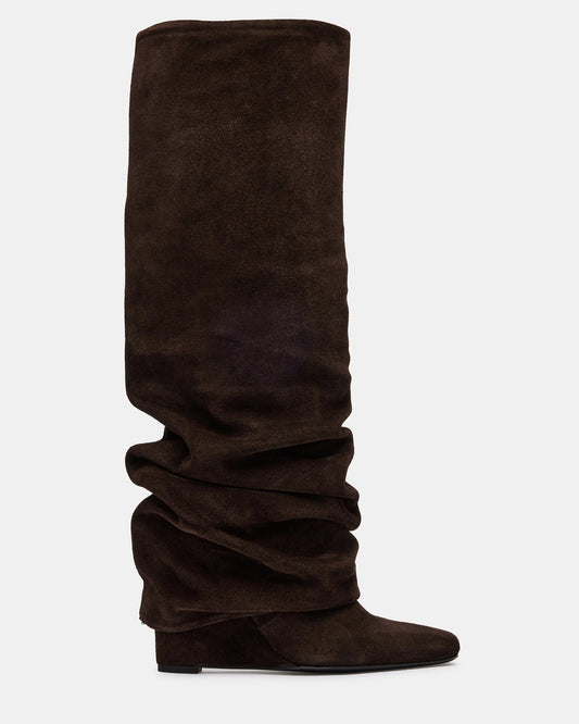 MONTANA Brown Suede Knee-High Square-Toe Wedge Fold-Over Women's Boot - Steve Madden