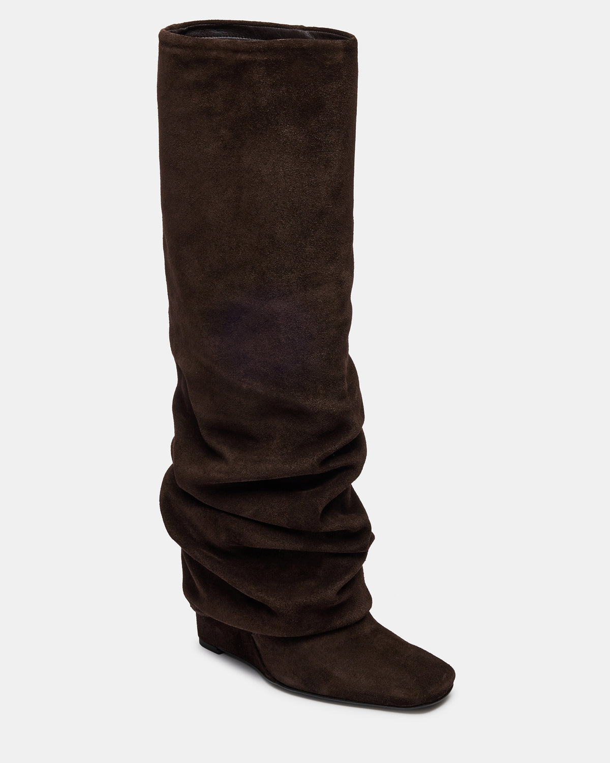 MONTANA Brown Suede Knee-High Square-Toe Wedge Fold-Over Women's Boot - Steve Madden