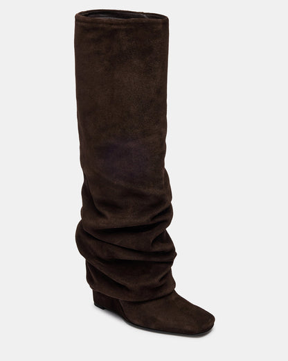 MONTANA Brown Suede Knee-High Square-Toe Wedge Fold-Over Women's Boot - Steve Madden