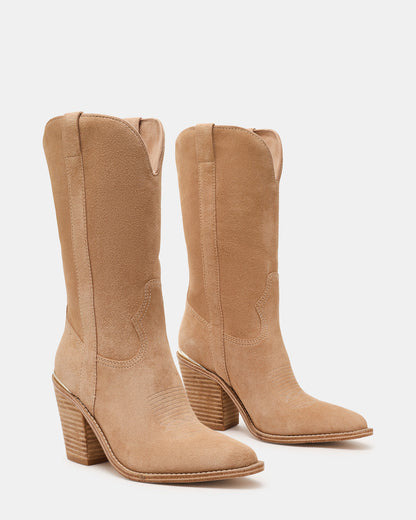 SALLY Sand Suede Pointed-Toe Western Block Heel Women's Boot - Steve Madden