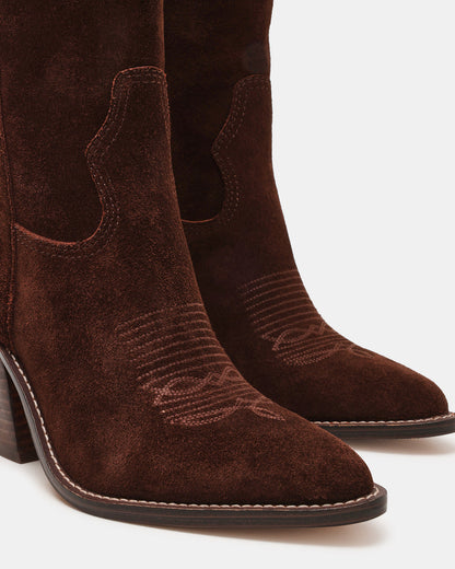 SALLY Brown Suede Pointed-Toe Western Block Heel Women's Boot - Steve Madden