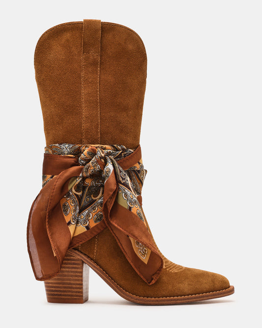 SALLY SCARF Chestnut Suede Pointed-Toe Western Block Heel Women's Boot - Steve Madden
