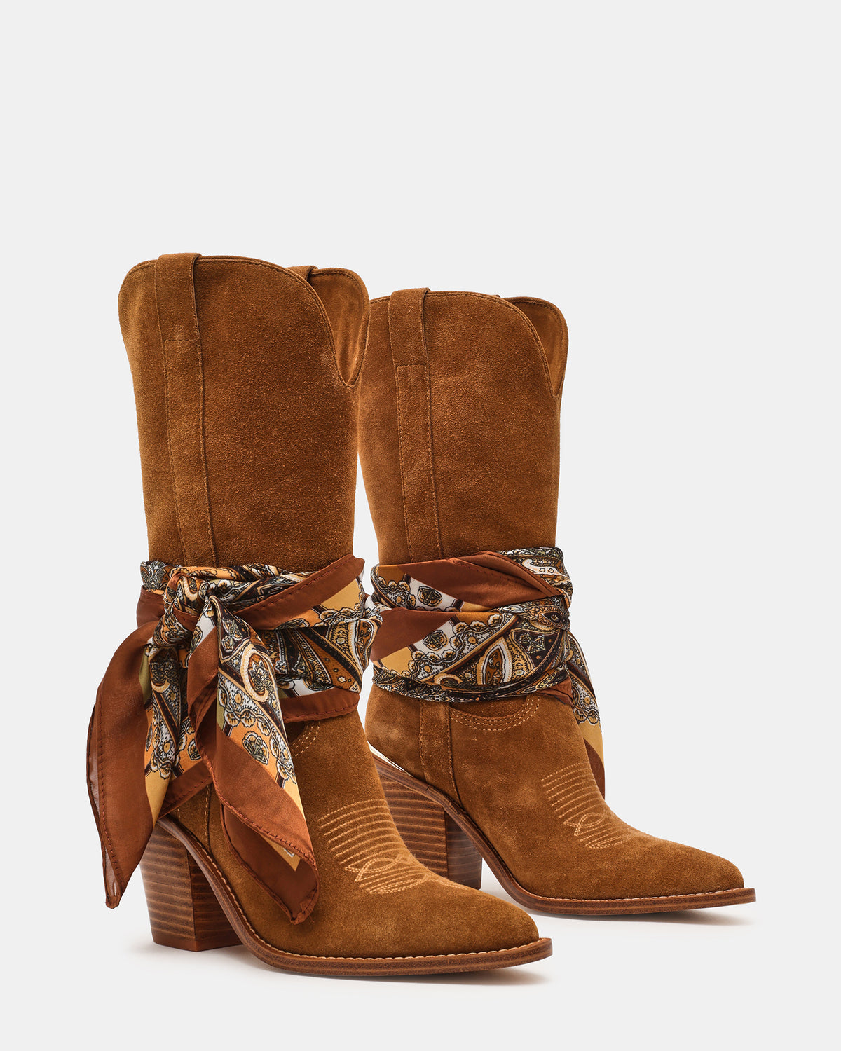 SALLY SCARF Chestnut Suede Pointed-Toe Western Block Heel Women's Boot - Steve Madden