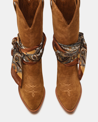 SALLY SCARF Chestnut Suede Pointed-Toe Western Block Heel Women's Boot - Steve Madden
