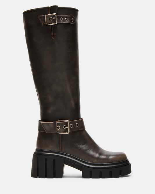 BRIGADE Brown Distressed Women's Knee-High Moto Lug Boot - Steve Madden