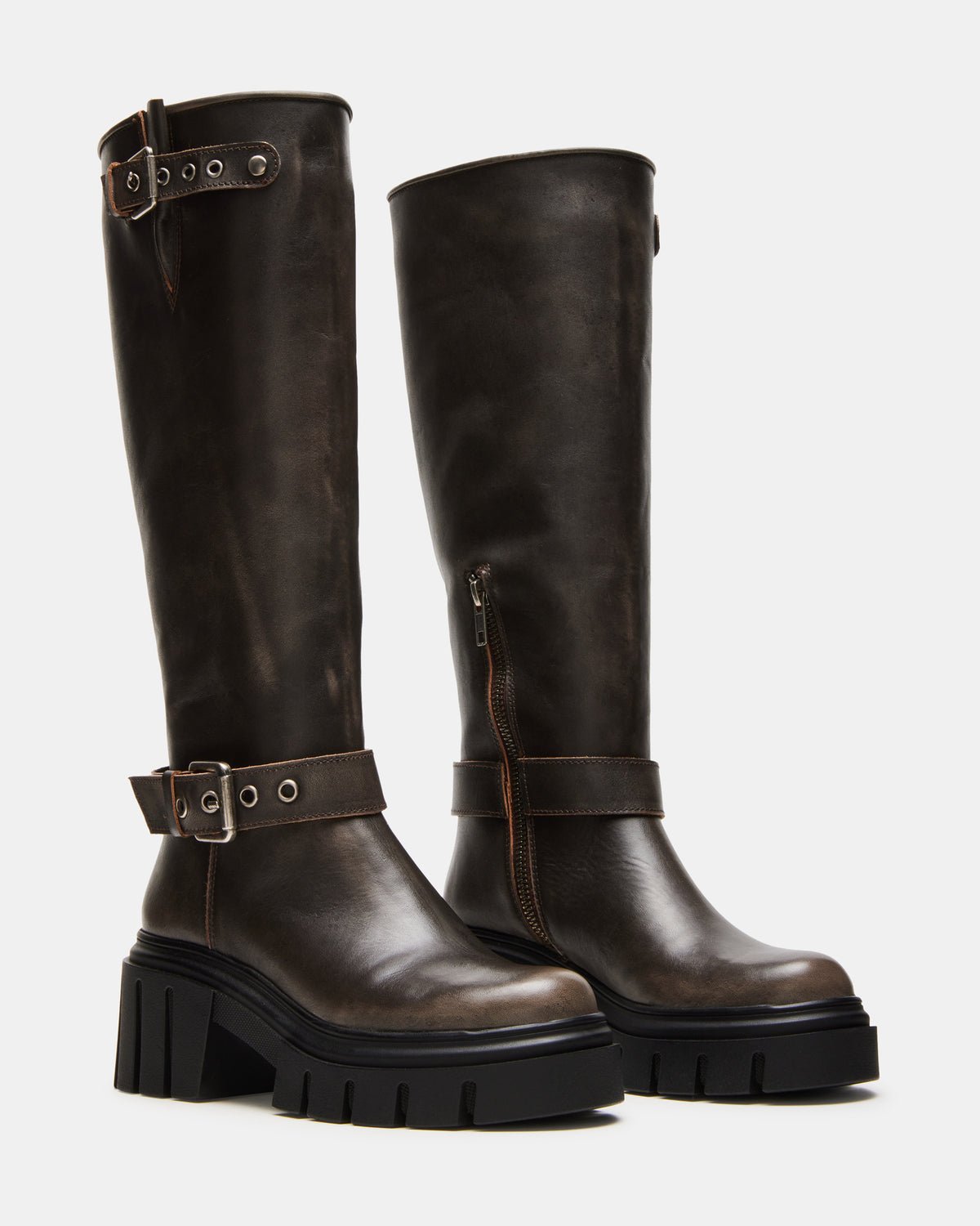 BRIGADE Brown Distressed Women's Knee-High Moto Lug Boot - Steve Madden