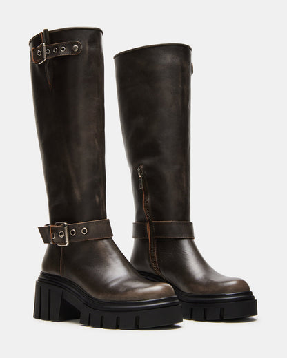 BRIGADE Brown Distressed Women's Knee-High Moto Lug Boot - Steve Madden
