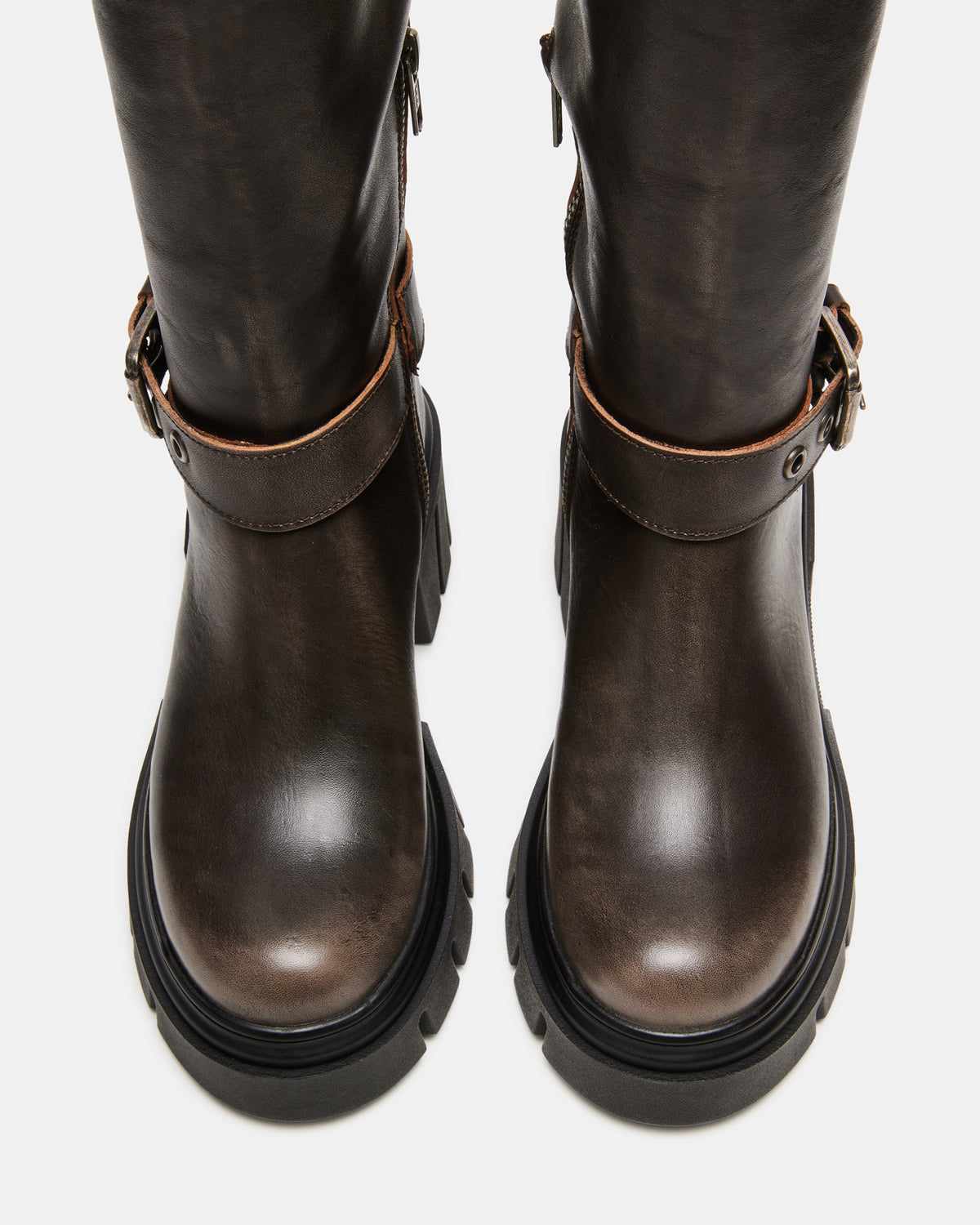 BRIGADE Brown Distressed Women's Knee-High Moto Lug Boot - Steve Madden