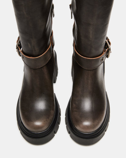 BRIGADE Brown Distressed Women's Knee-High Moto Lug Boot - Steve Madden