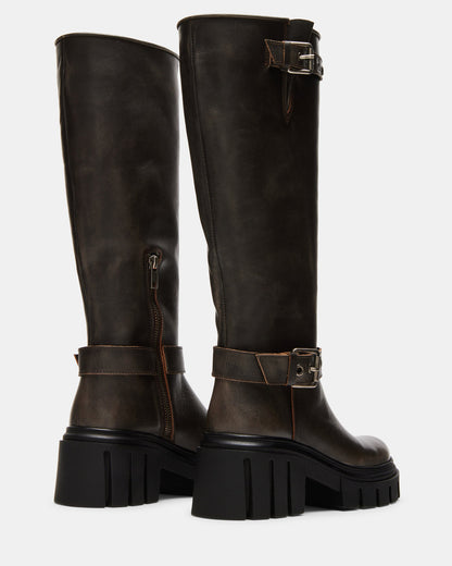 BRIGADE Brown Distressed Women's Knee-High Moto Lug Boot - Steve Madden