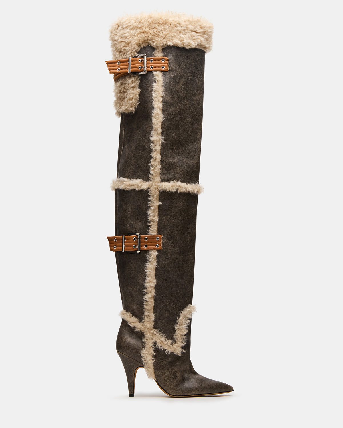 BADDIE Faux Fur Brown Distressed Over-The-Knee Moto Women's Boot - Steve Madden