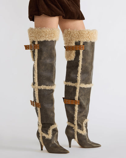 BADDIE Faux Fur Brown Distressed Over-The-Knee Moto Women's Boot - Steve Madden