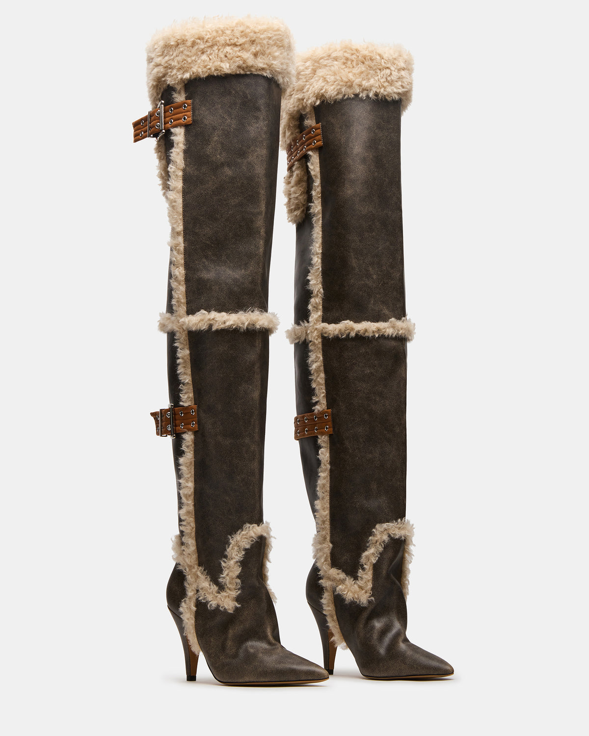 BADDIE Faux Fur Brown Distressed Over-The-Knee Moto Women's Boot - Steve Madden