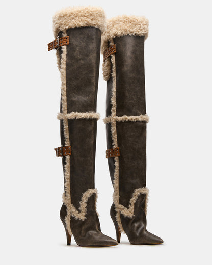BADDIE Faux Fur Brown Distressed Over-The-Knee Moto Women's Boot - Steve Madden