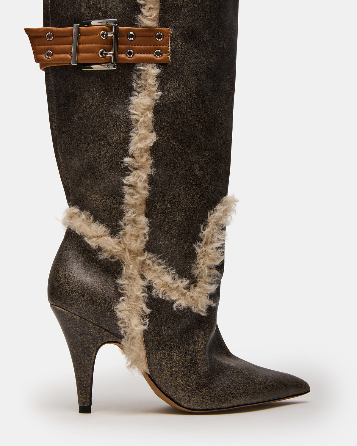 BADDIE Faux Fur Brown Distressed Over-The-Knee Moto Women's Boot - Steve Madden