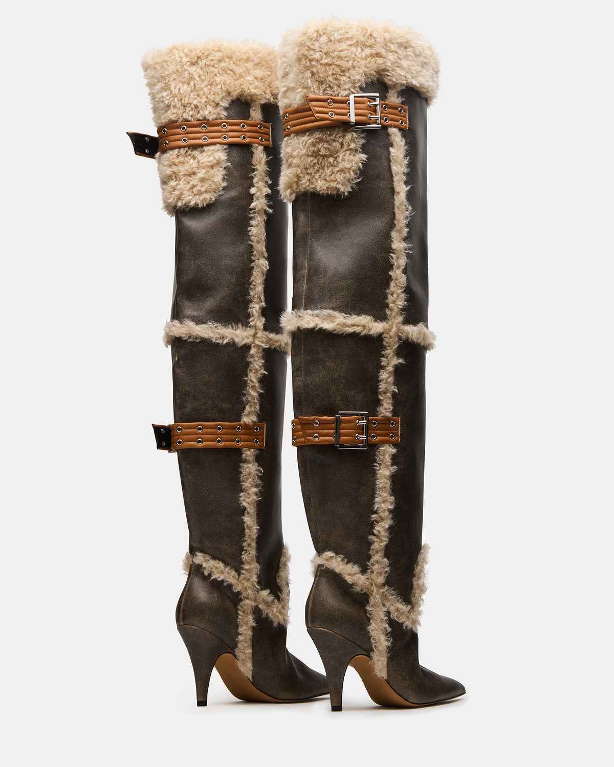 BADDIE Faux Fur Brown Distressed Over-The-Knee Moto Women's Boot - Steve Madden