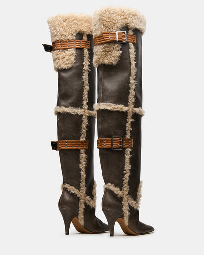 BADDIE Faux Fur Brown Distressed Over-The-Knee Moto Women's Boot - Steve Madden