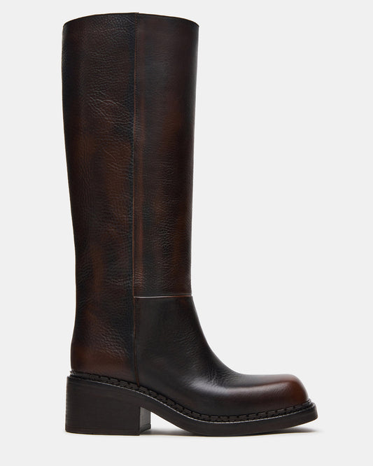DAVOS Cognac Leather Square-Toe Knee High Block Heel Women's Boot - Steve Madden