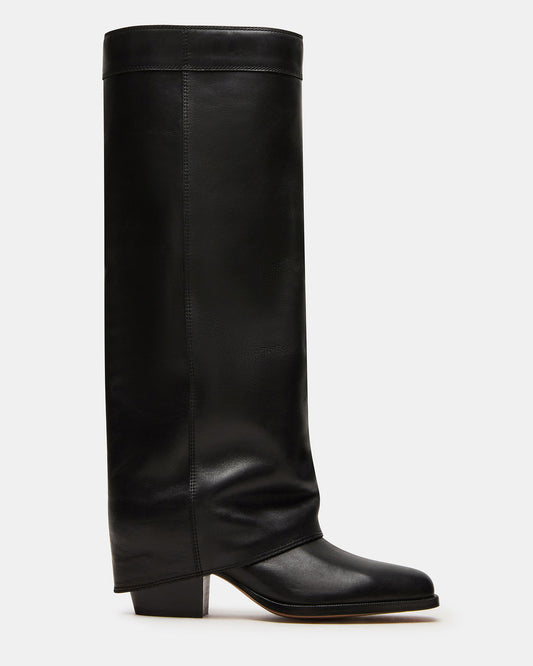 WINNICK Black Leather Knee-High Cuffed Fold-Over Block Heel Women's Boot - Steve Madden