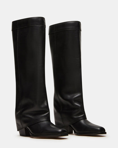 WINNICK Black Leather Knee-High Cuffed Fold-Over Block Heel Women's Boot - Steve Madden