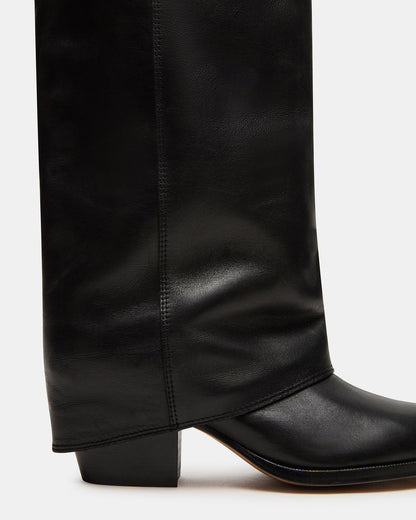 WINNICK Black Leather Knee-High Cuffed Fold-Over Block Heel Women's Boot - Steve Madden