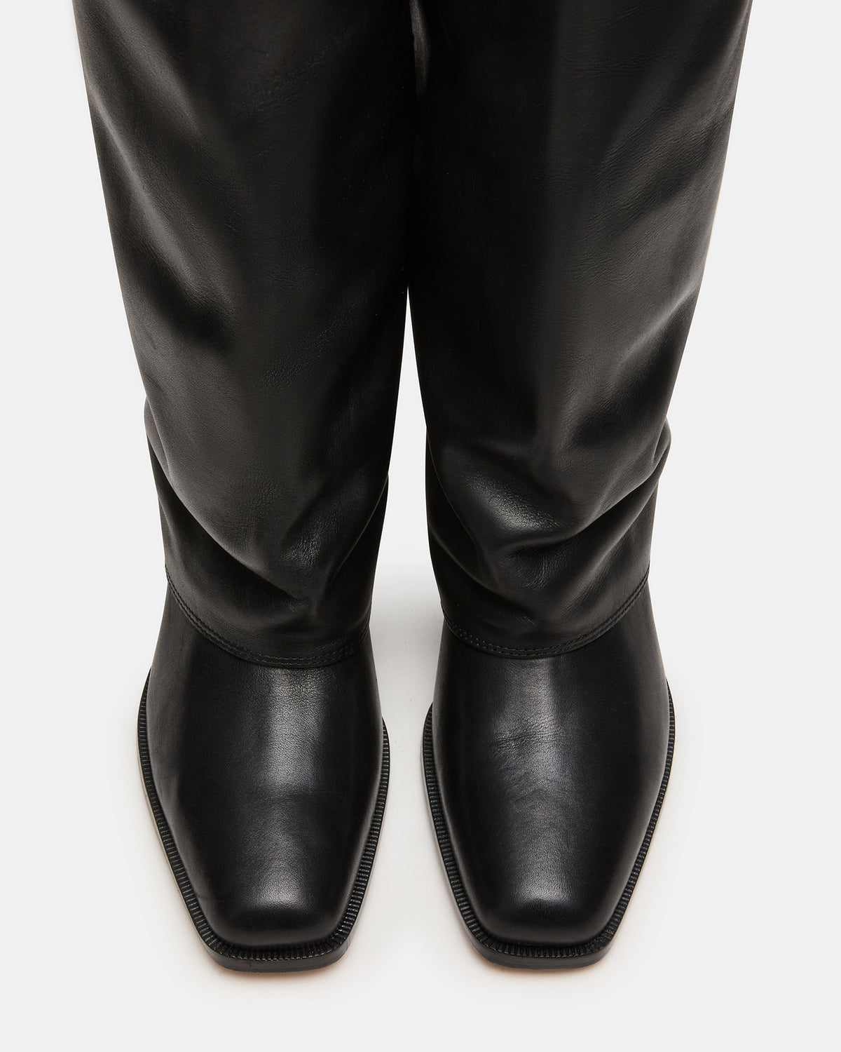 WINNICK Black Leather Knee-High Cuffed Fold-Over Block Heel Women's Boot - Steve Madden