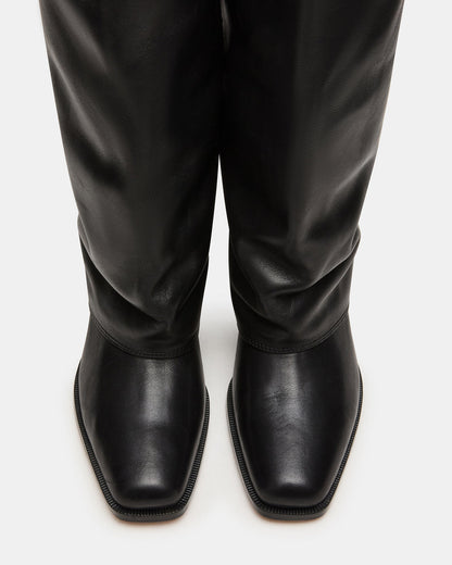 WINNICK Black Leather Knee-High Cuffed Fold-Over Block Heel Women's Boot - Steve Madden