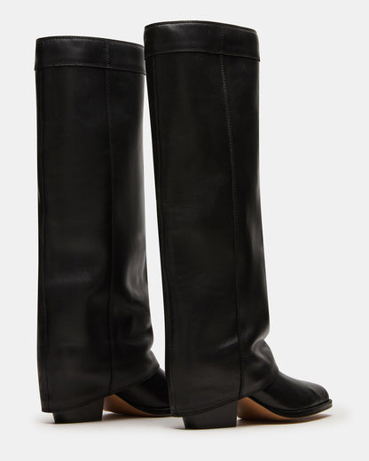 WINNICK Black Leather Knee-High Cuffed Fold-Over Block Heel Women's Boot - Steve Madden