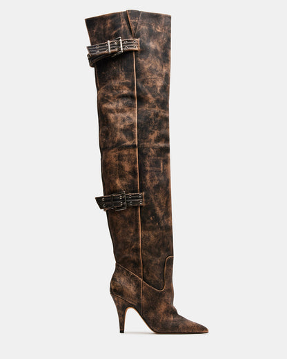 BADDIE Brown Distressed Over-The-Knee Moto Women's Boot - Steve Madden
