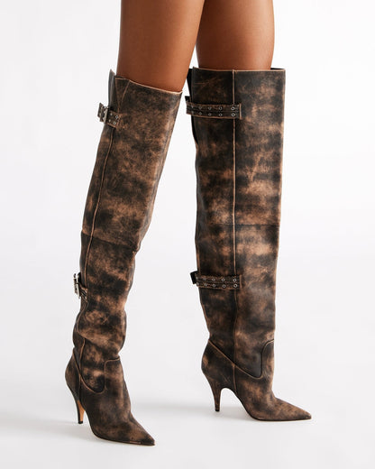 BADDIE Brown Distressed Over-The-Knee Moto Women's Boot - Steve Madden