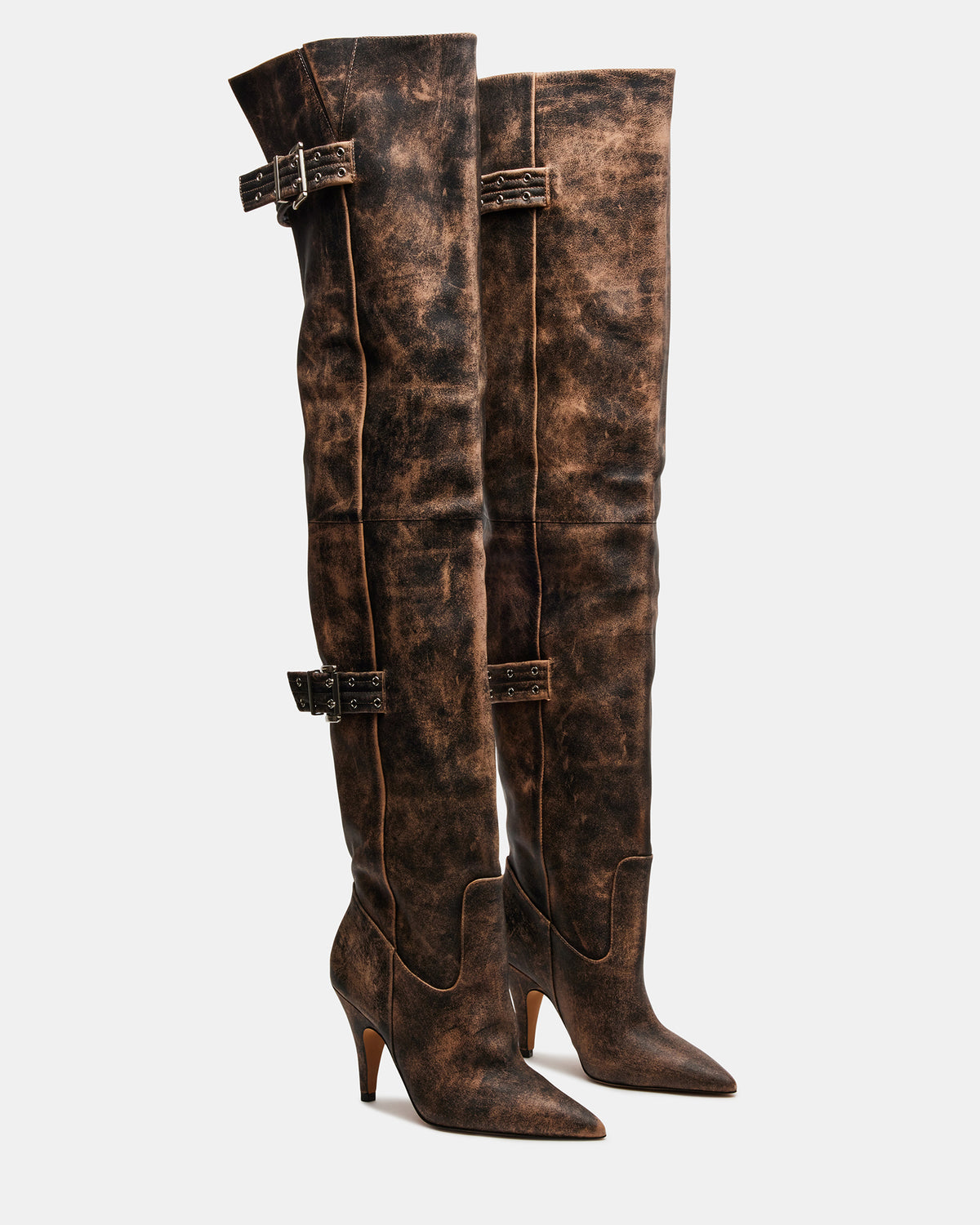 BADDIE Brown Distressed Over-The-Knee Moto Women's Boot - Steve Madden