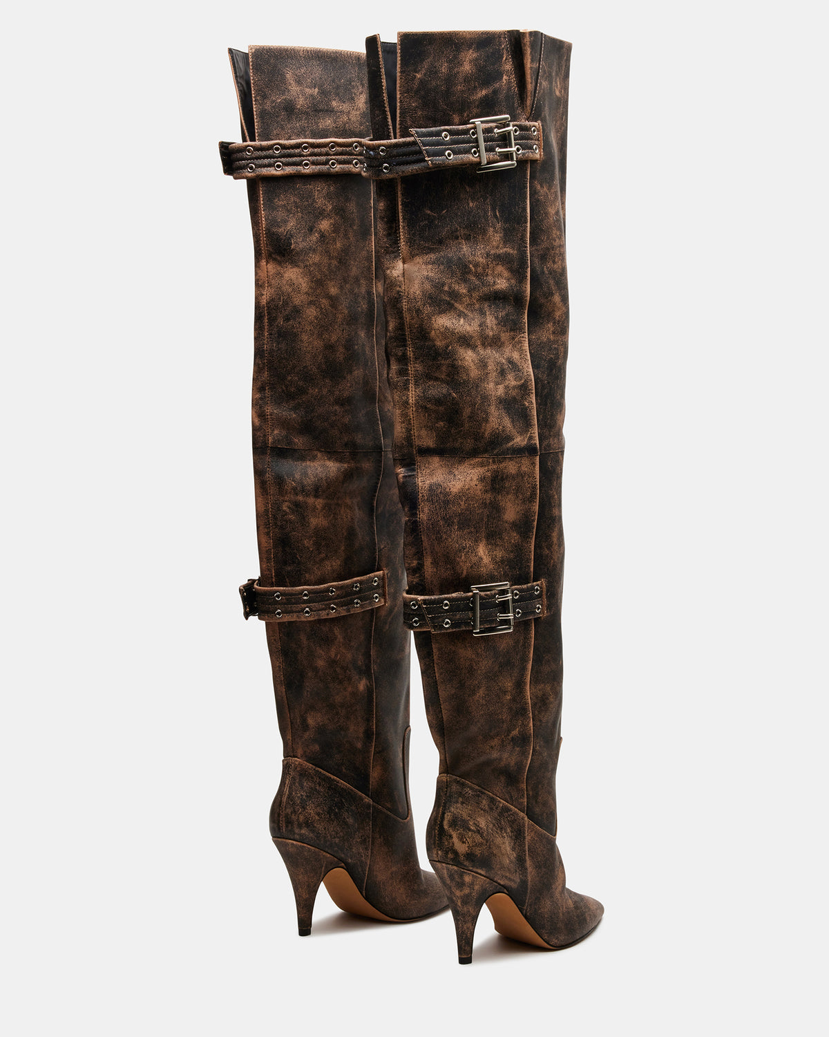 BADDIE Brown Distressed Over-The-Knee Moto Women's Boot - Steve Madden