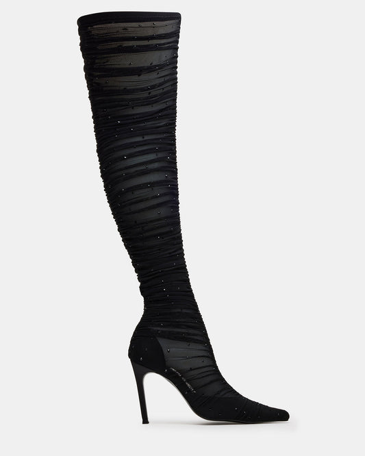 RASHIDA Black Mesh Over-The-Knee Pointed-Toe Rhinestone Stiletto Heel Women's Boot - Steve Madden