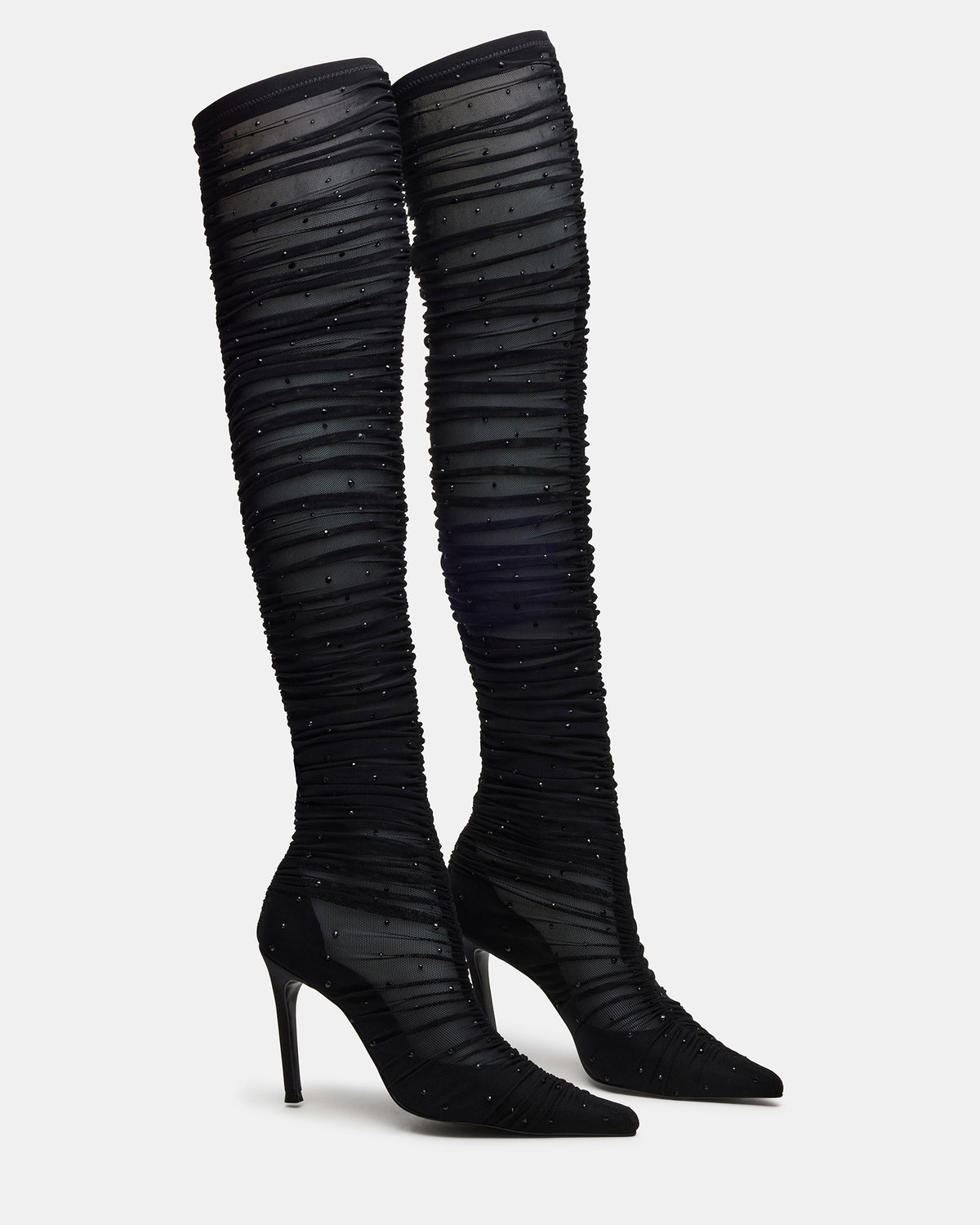 RASHIDA Black Mesh Over-The-Knee Pointed-Toe Rhinestone Stiletto Heel Women's Boot - Steve Madden