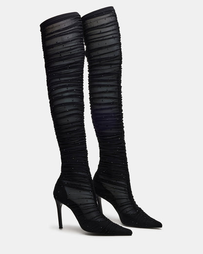 RASHIDA Black Mesh Over-The-Knee Pointed-Toe Rhinestone Stiletto Heel Women's Boot - Steve Madden