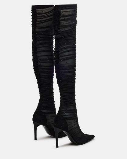 RASHIDA Black Mesh Over-The-Knee Pointed-Toe Rhinestone Stiletto Heel Women's Boot - Steve Madden