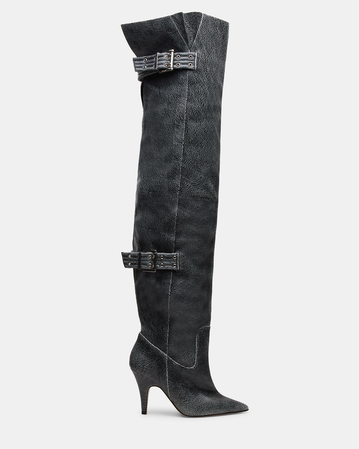 BADDIE Black Distressed Over-The-Knee Moto Women's Boot - Steve Madden