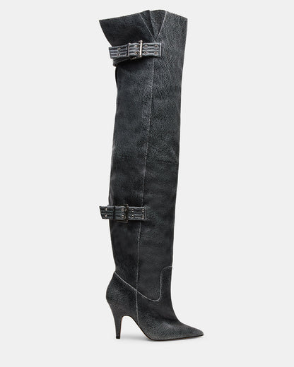 BADDIE Black Distressed Over-The-Knee Moto Women's Boot - Steve Madden